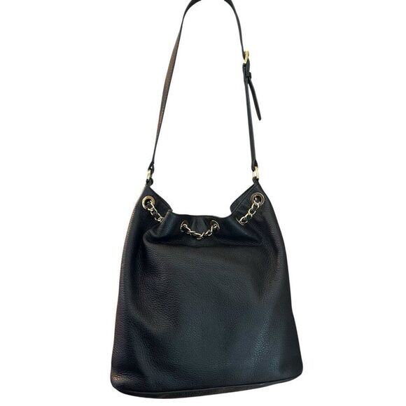 Michael Kors Black Pebbled Leather Gold Chain Link MK Bucket Shoulder Bag Purse - Picture 3 of 9